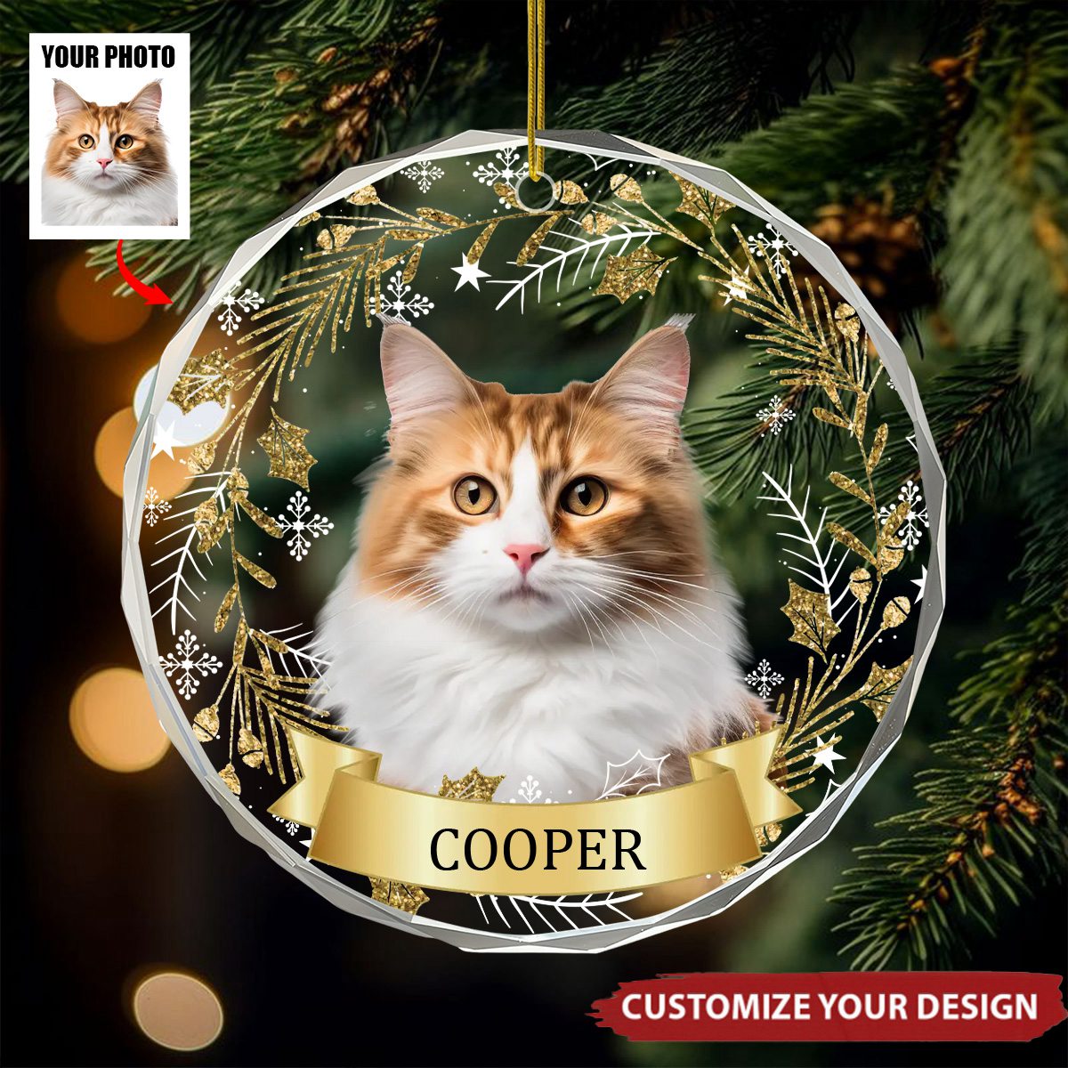 Custom Photo Happiness Is A Warm Puppy Or A Purring Kitty - Personalized Circle Glass Ornament