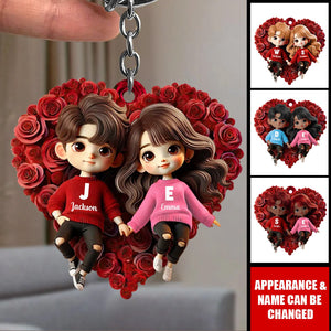 Cute Couple Lying On Rose Heart Personalized Acrylic Keychain, Gift for him, Gift for her