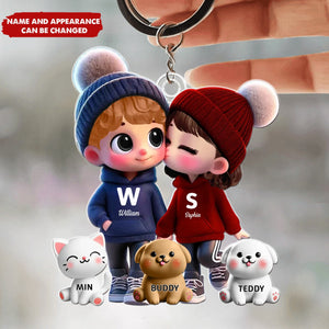 3D Cute Cartoon Couple You Me And The Dog Cat Personalized Acrylic Keychain, Valentine's Day Gift for Him, Gift for Her