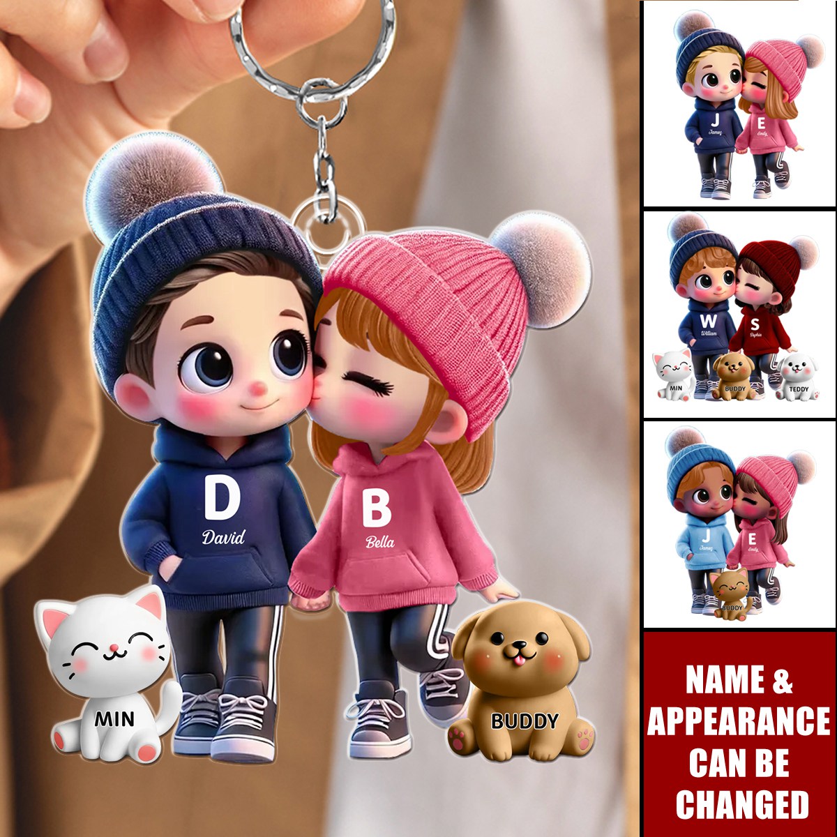 3D Cute Cartoon Couple You Me And The Dog Cat Personalized Acrylic Keychain, Valentine's Day Gift for Him, Gift for Her