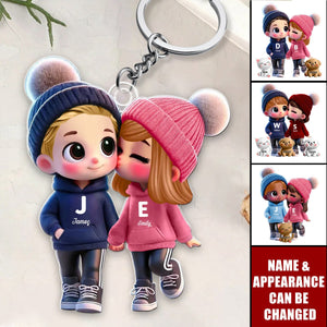 3D Cute Cartoon Couple You Me And The Dog Cat Personalized Acrylic Keychain, Valentine's Day Gift for Him, Gift for Her