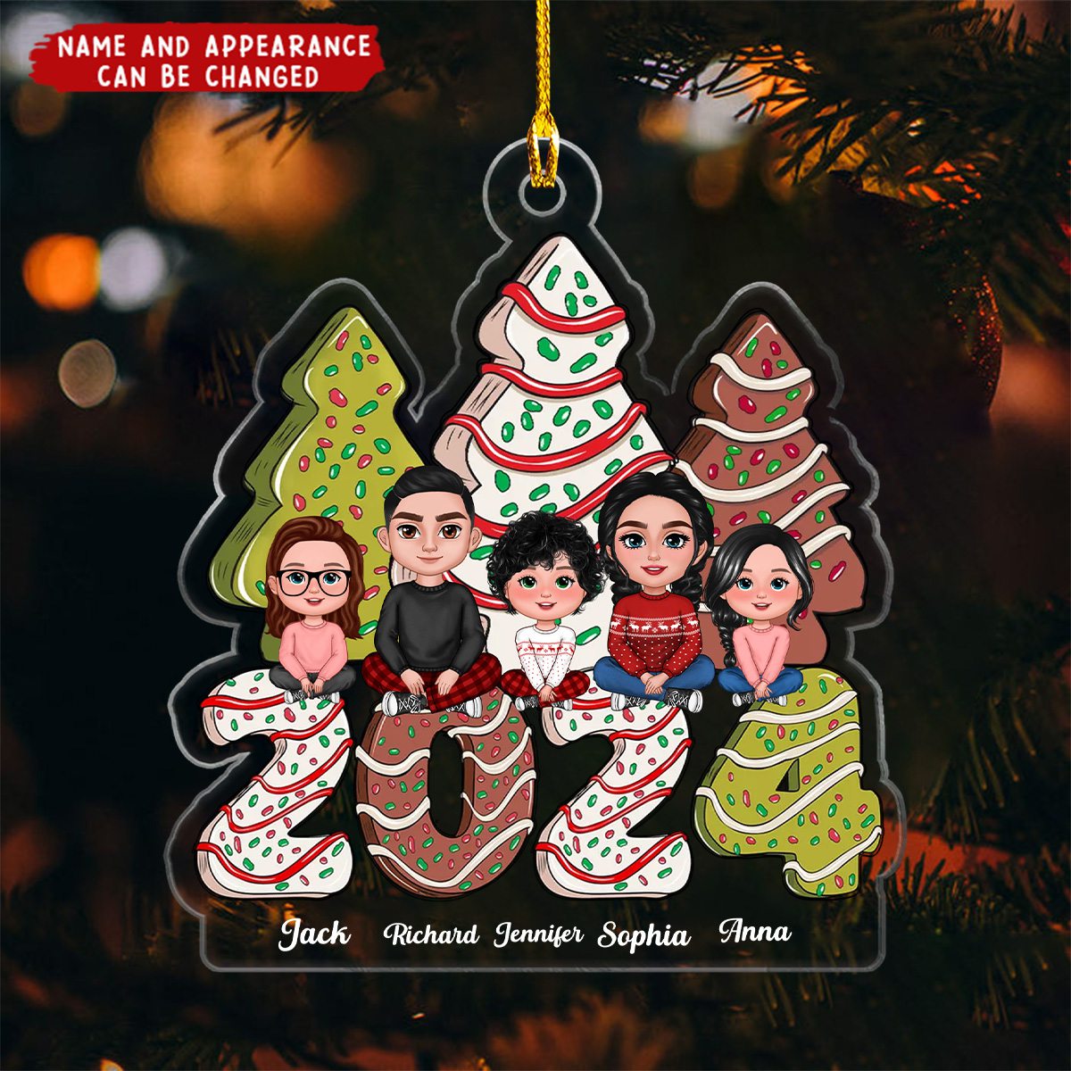 Family Crossed Legs Sitting Christmas Tree Cake Patterned Personalized Acrylic Ornament