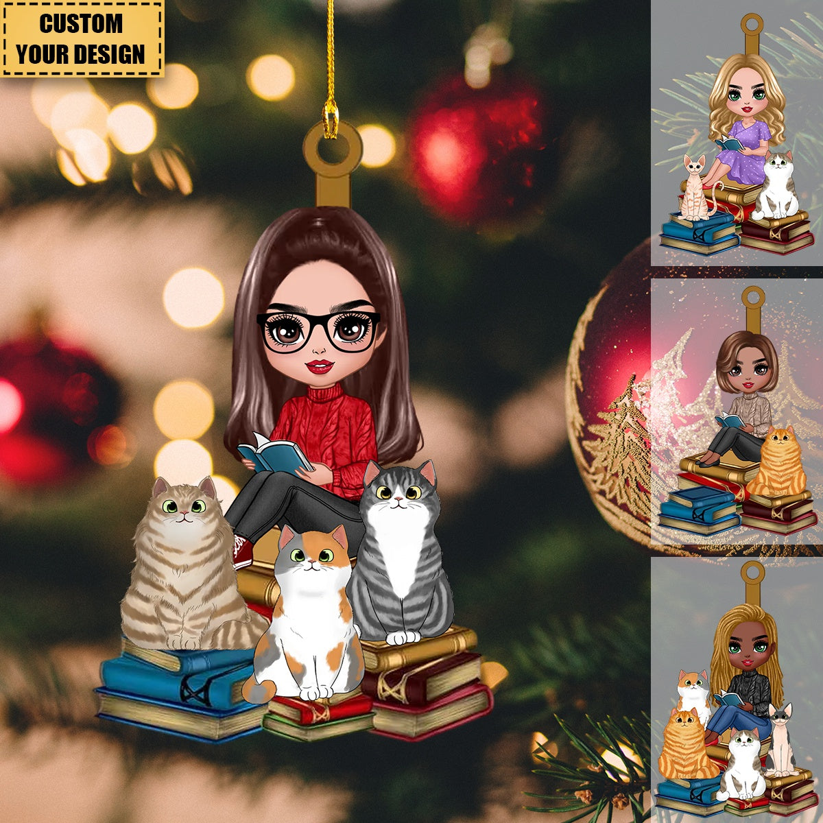 Girl And Cats Sitting On Book Personalized Wooden Ornament