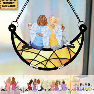 Friends, Sisters Sitting On The Moon - Personalized Window Hanging Suncatcher Ornament