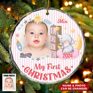 Custom Photo First Christmas Elephant Star - Personalized Circle Glass Ornament