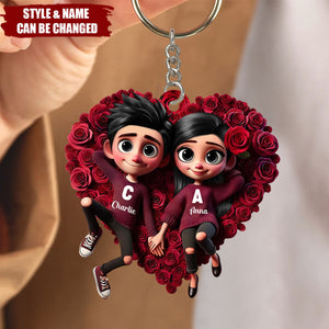 Rose Heart Couple Personalized Acrylic Keychain, Valentine's Day Gift for her, Gift for him